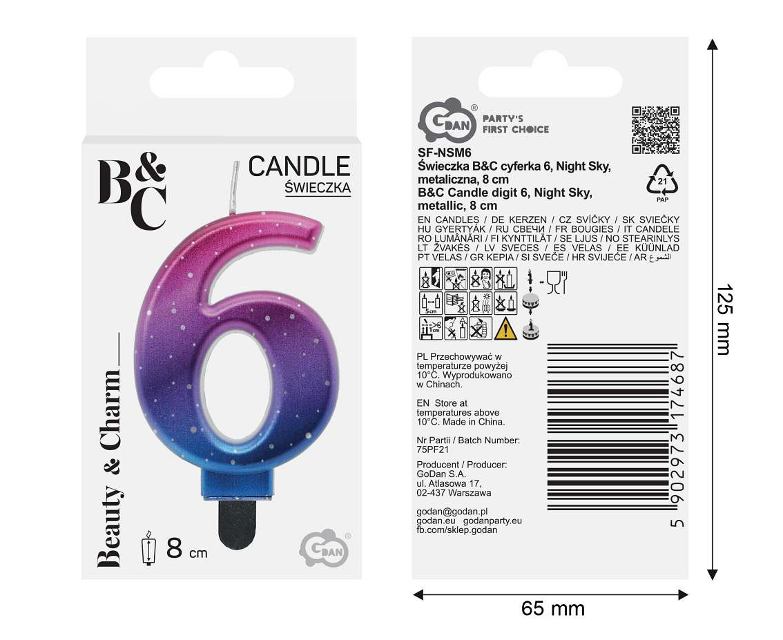 Candle digit 6, Night Sky, metallic, 8 cm